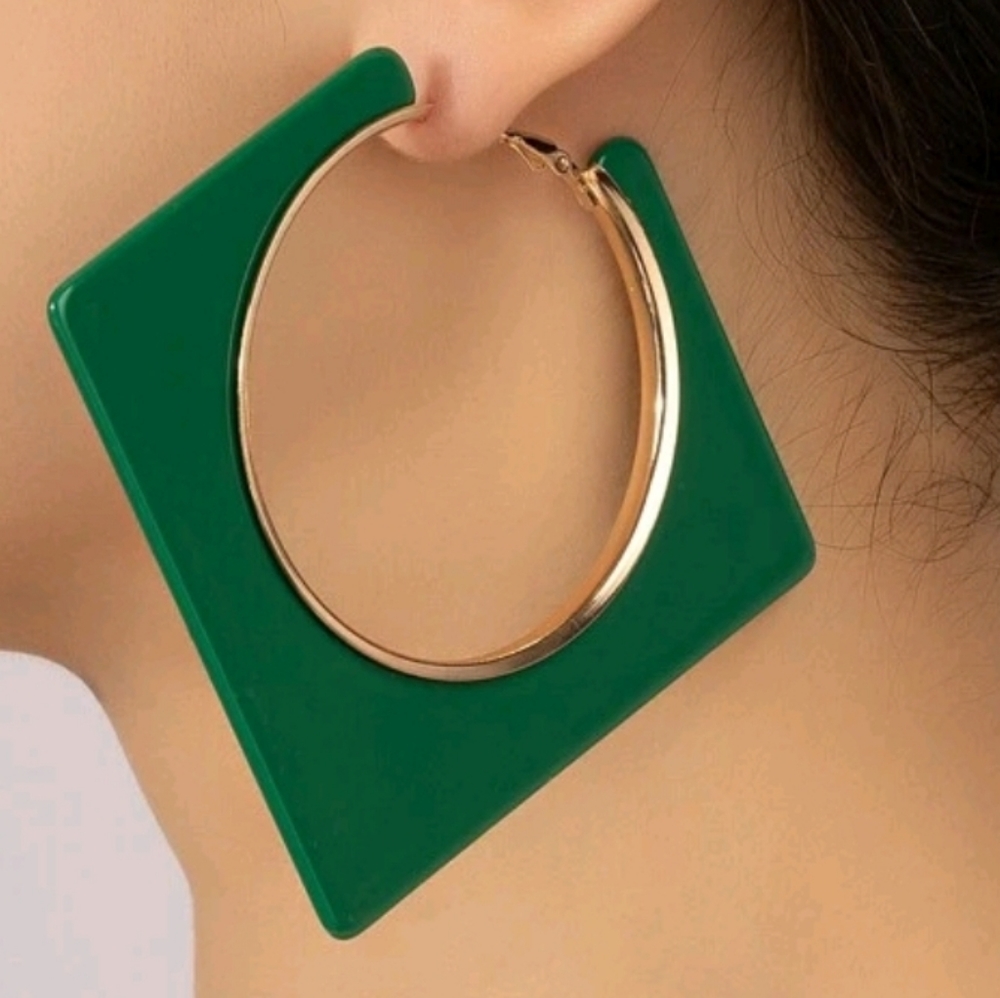 Green square hoop earrings